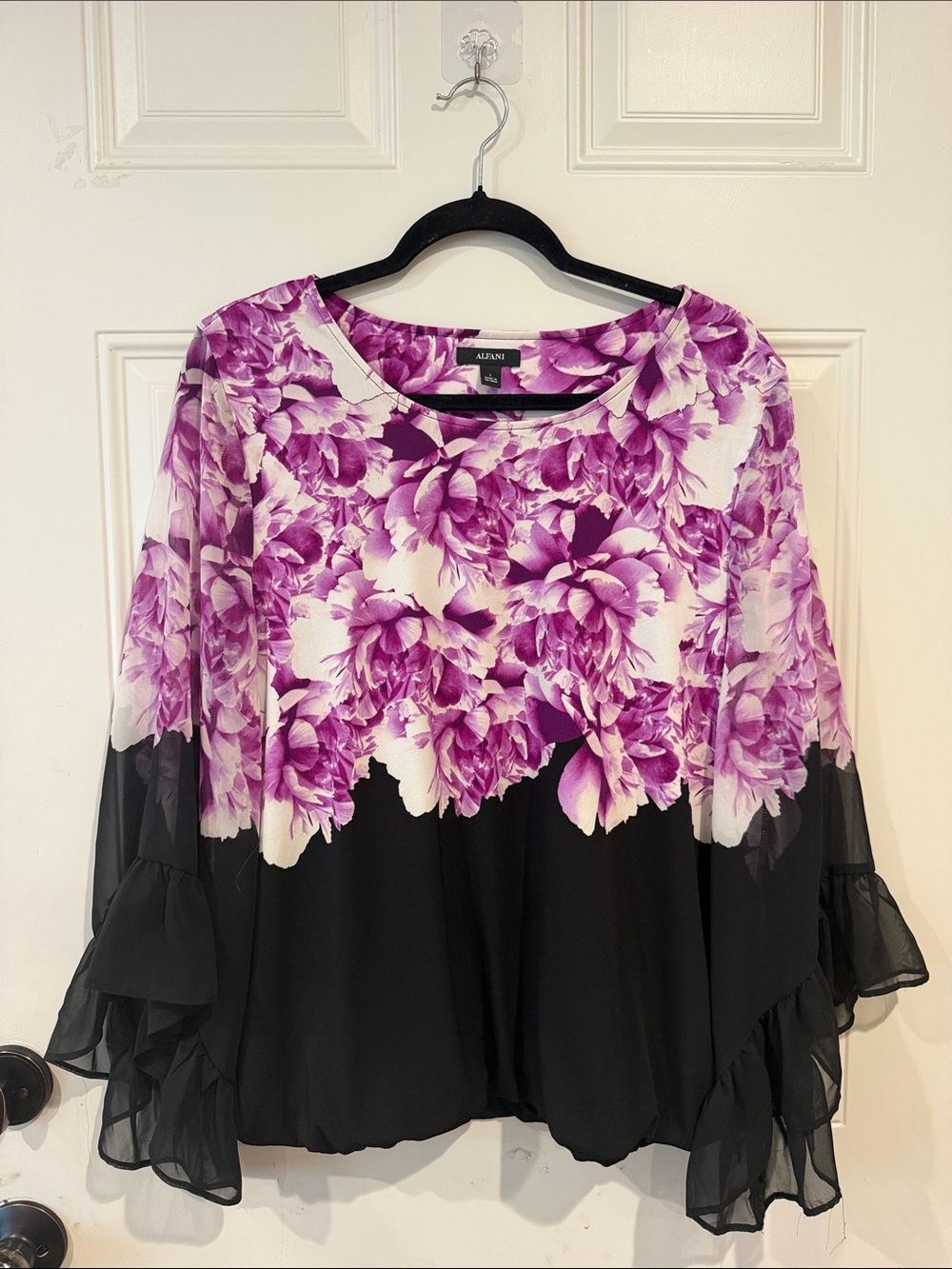 Alfani Purple Floral Chiffon Ruffle Sleeve Tunic